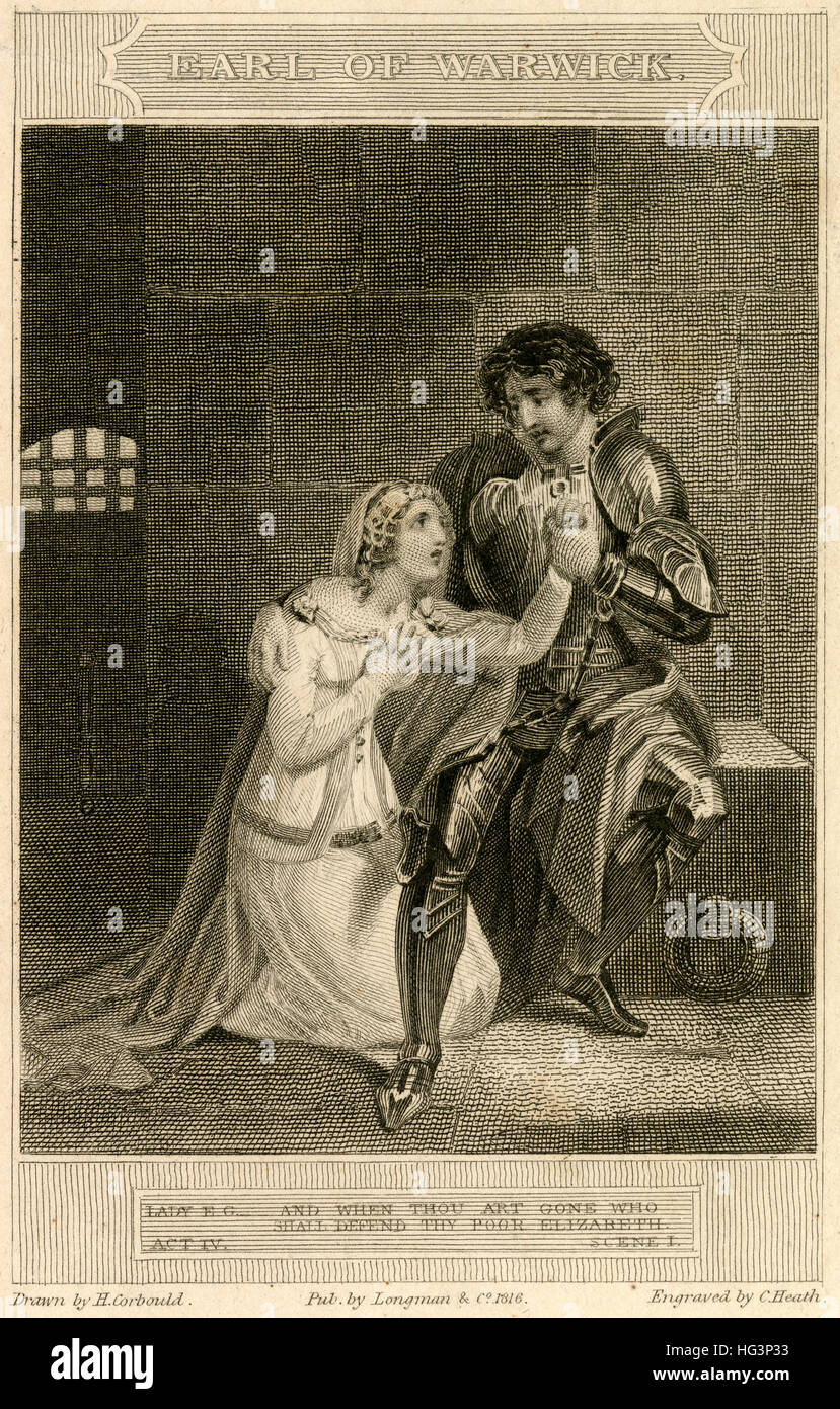 Antiken 1816 Gravur, Szene aus "The Earl of Warwick, eine Tragödie in 5 Akten" von Dr. Thomas Franklin. QUELLE: ORIGINAL GRAVUR. Stockfoto