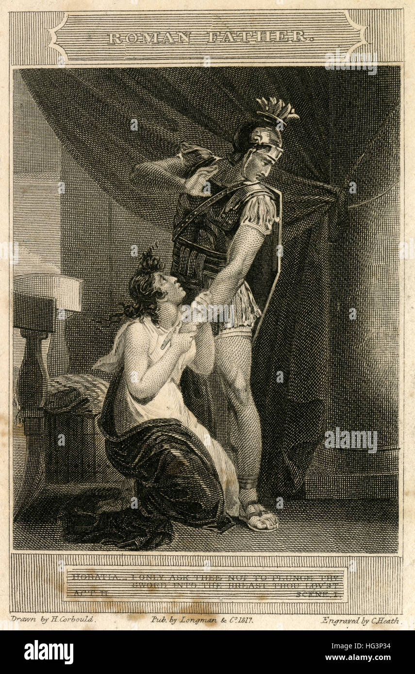 Antiken 1817 Gravur, Szene aus "The römischen Vater, eine Tragödie in 5 Akten" von William Whitehead. QUELLE: ORIGINAL GRAVUR. Stockfoto