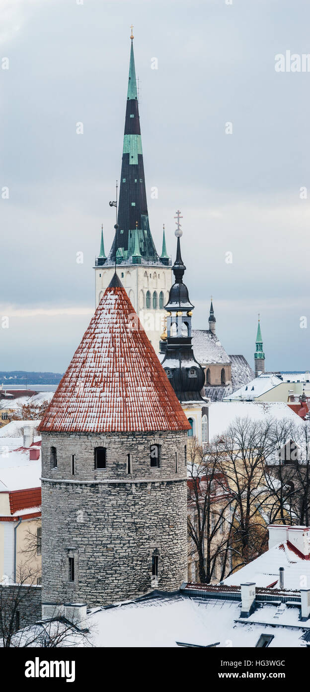 Winter Blick auf historische Dächer der alten Stadt von Tallinn, Estland Stockfoto