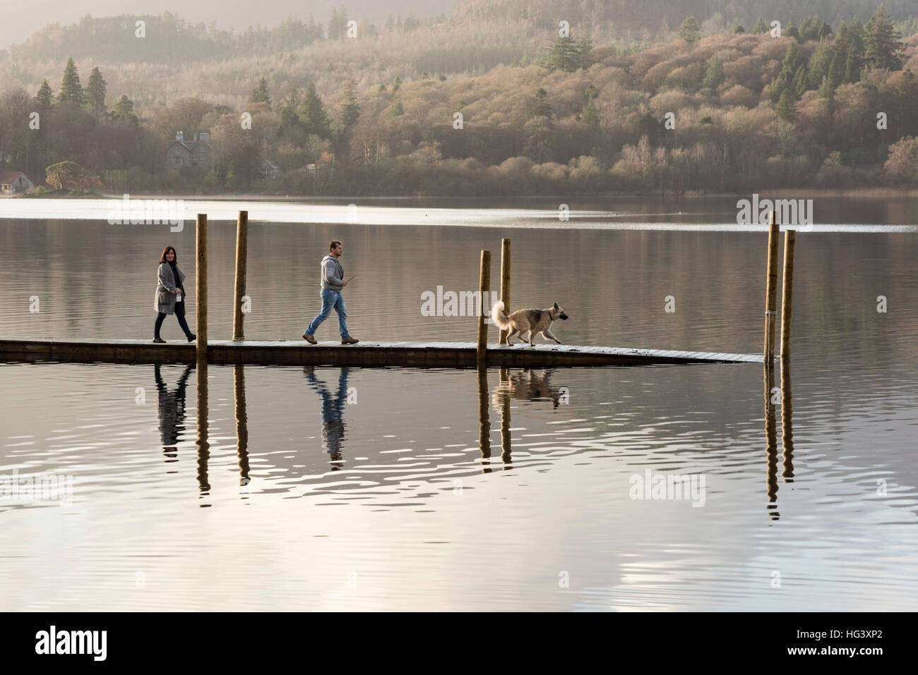 Zwei Personen mit einem Hund zu Fuß auf einem Holzsteg oder Liegeplatz auf Derwentwater Keswick Cumbria Uk im Wintersonne Stockfoto