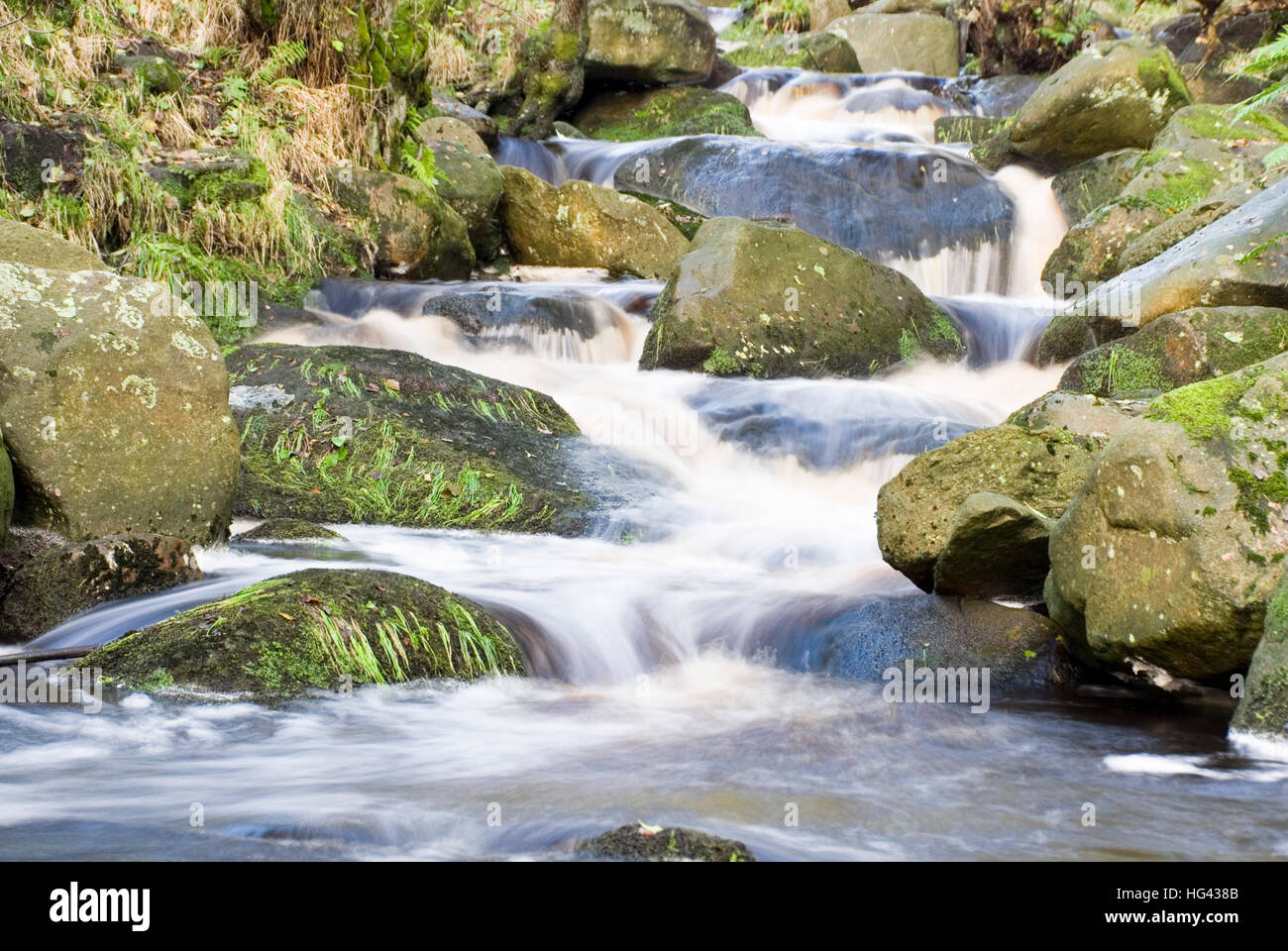 Hautnah auf dem schnell fließenden Wasser Burbage Brook in Rocky River Tal der Padley Schlucht, Longshaw Estate, Peak District, UK Stockfoto