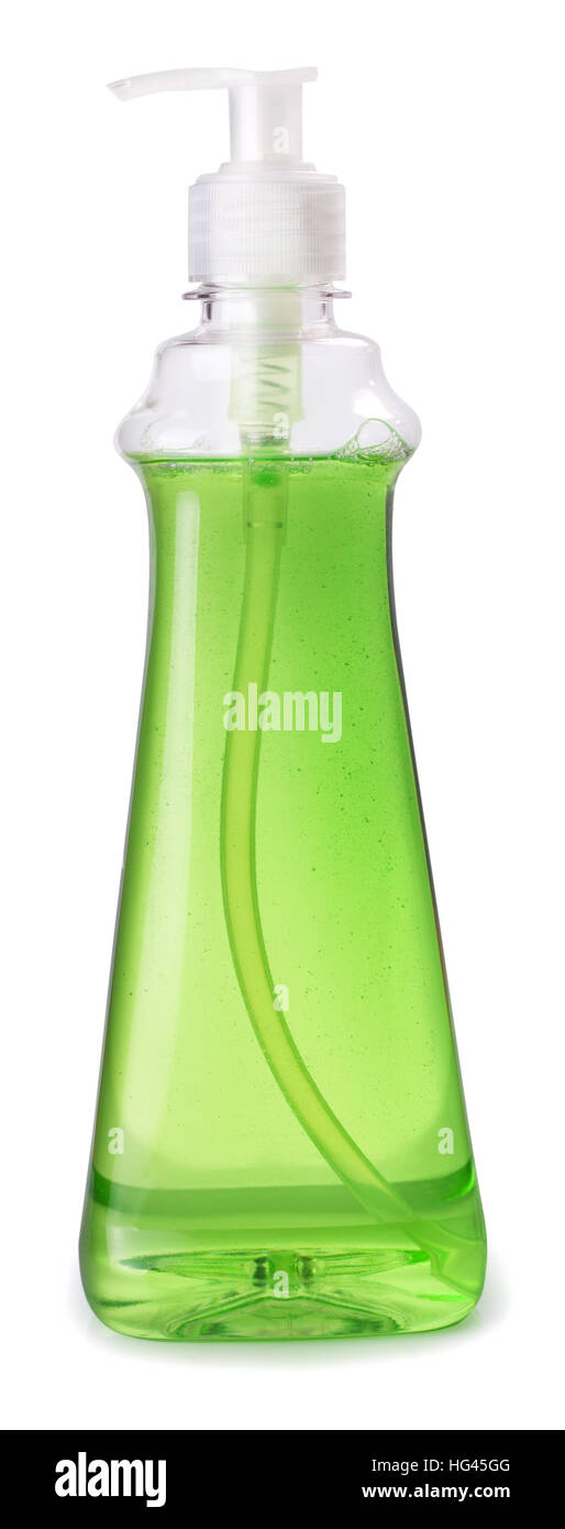 Flasche grün flüssiges Geschirrspülmittel mit Dosator isoliert auf weißem Hintergrund Stockfoto