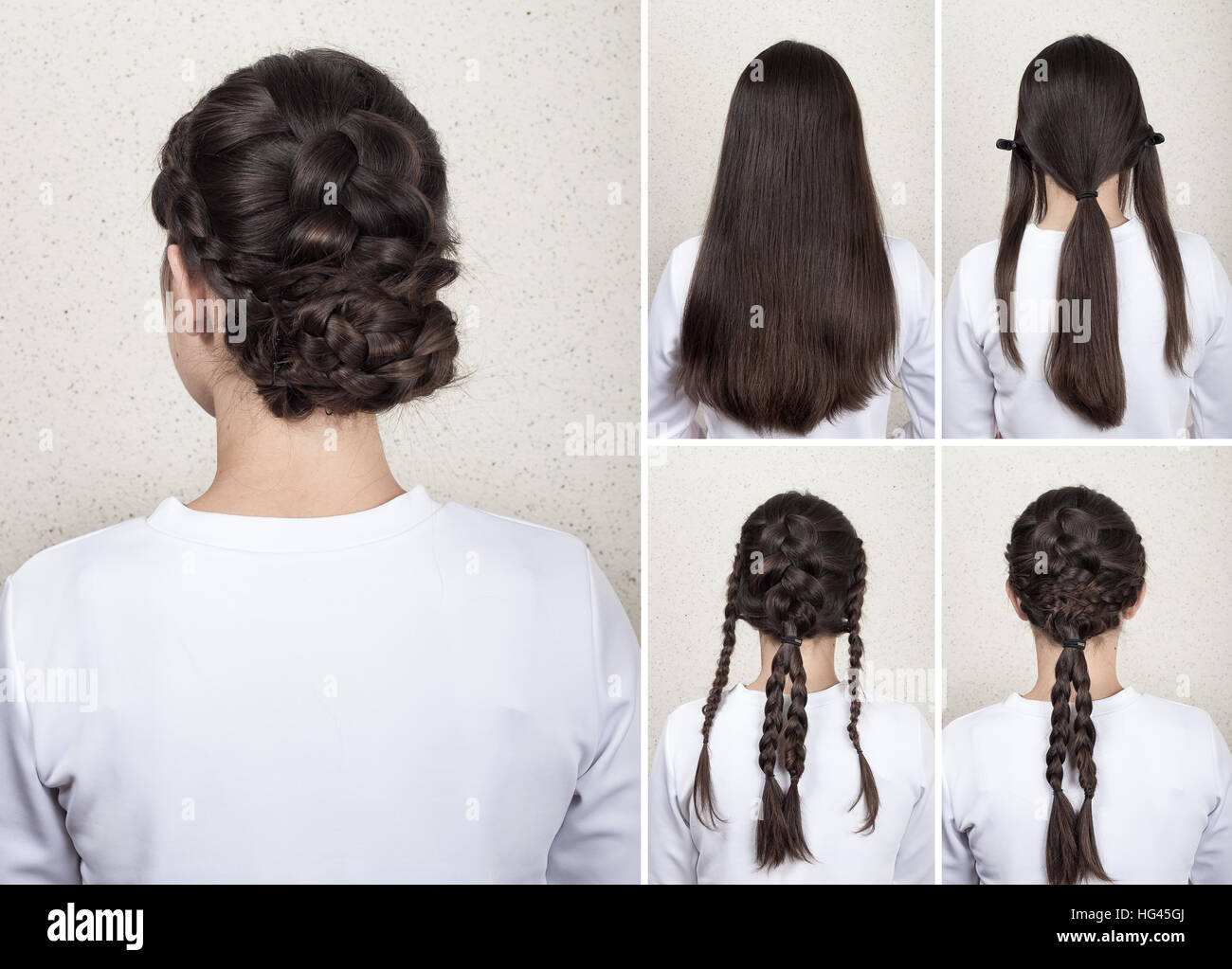 kreative geflochtene Frisur für langes Haar tutorial Stockfoto
