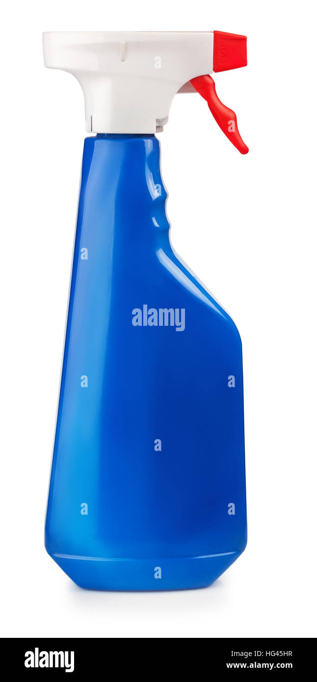 eine blaue Kunststoff-Flasche mit Reinigungsspray isoliert auf weißem Hintergrund Stockfoto