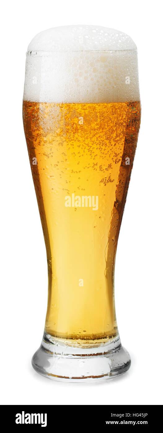 Frostigen Glas helles Bier mit Schaum isoliert auf weißem Hintergrund Stockfoto
