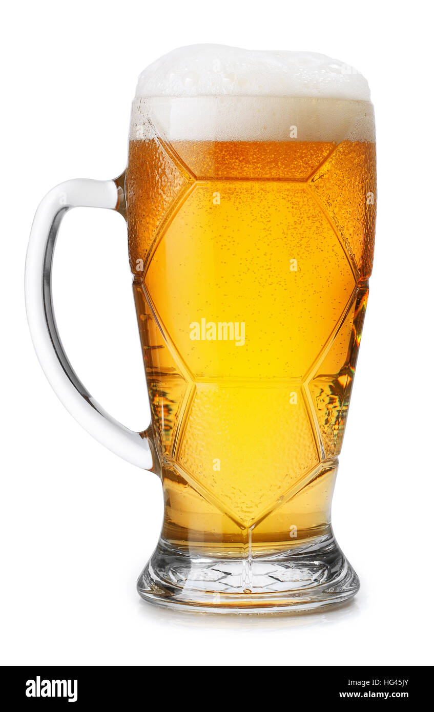 ein Glas in die Kugelform helles Bier mit Schaum isoliert auf weißem Hintergrund Stockfoto