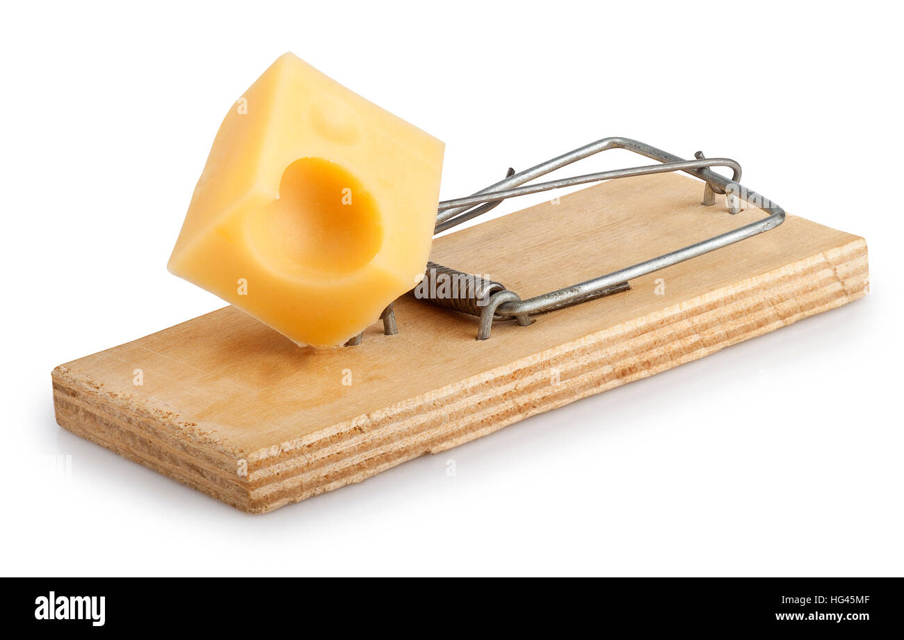 Mausefallen Sie mit Käse isoliert auf weißem Hintergrund Stockfoto