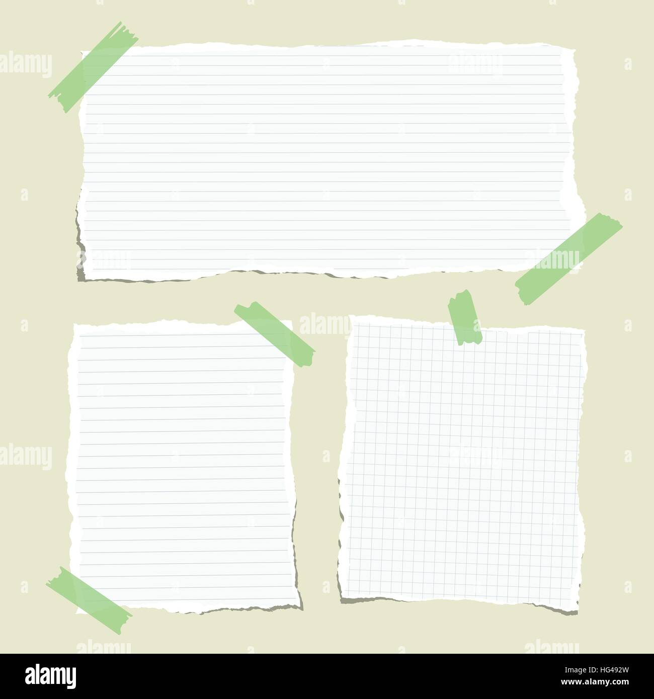 Weiß regiert, zerrissene Hinweis, Notebook, Copybook Papier Blätter mit Klebeband fest Stock Vektor