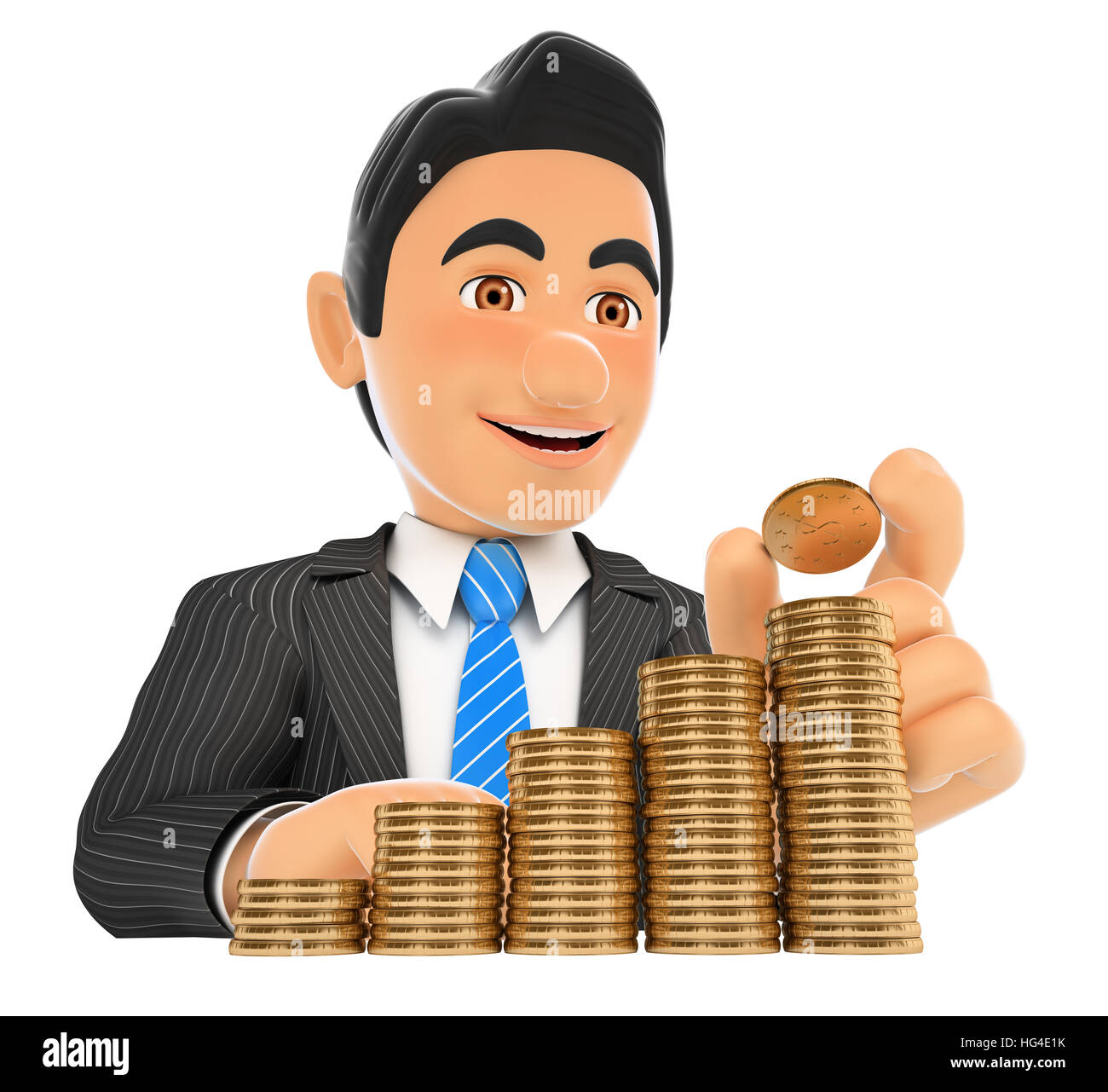 Geschäft Leute 3D-Illustration. Geschäftsmann, eine Münze in Geld Treppe. Kapitalwachstum. Isolierten weißen Hintergrund. Stockfoto