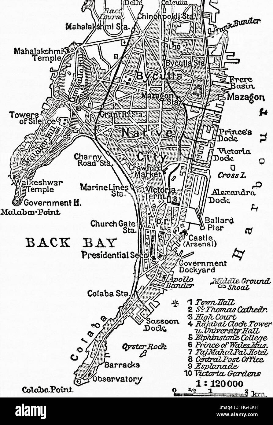 Karte von Bombay, Indien, c. 1920.  Aus Meyers Lexikon veröffentlicht 1924. Stockfoto