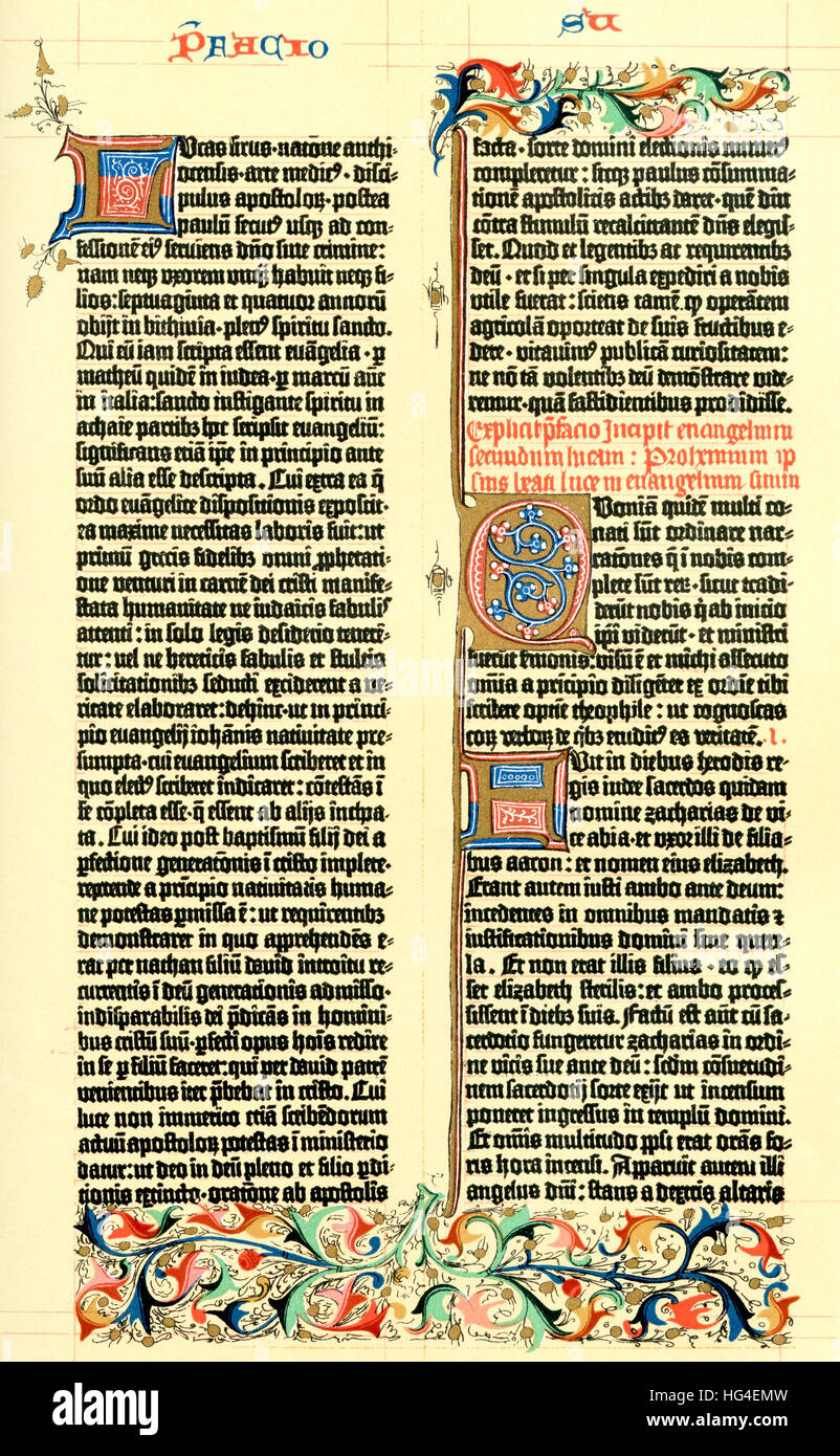 Ein Beispiel aus der 1455 Pergament Ausgabe der Bibel Gutenbergs.  Aus Meyers Lexikon veröffentlicht 1924. Stockfoto