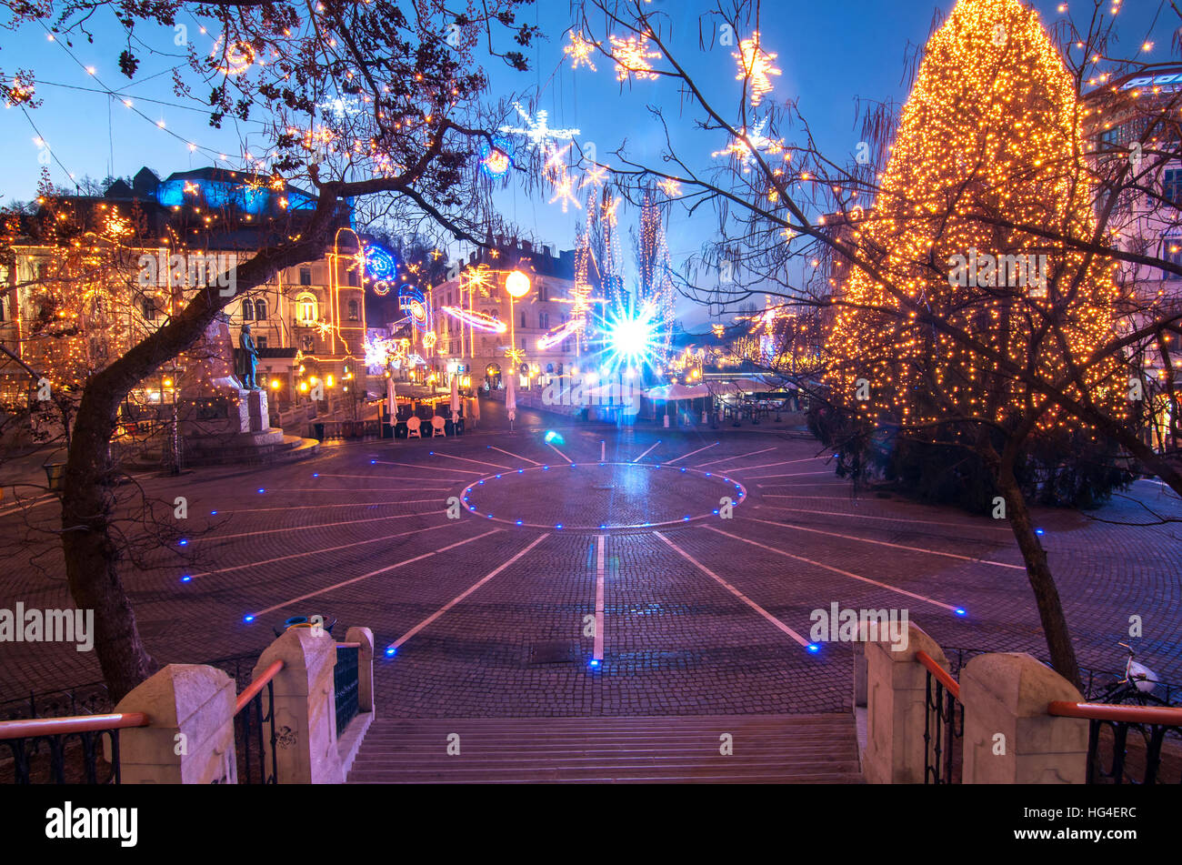 Preseren-Platz, dekoriert für Weihnachten und Silvester Feier Stockfoto