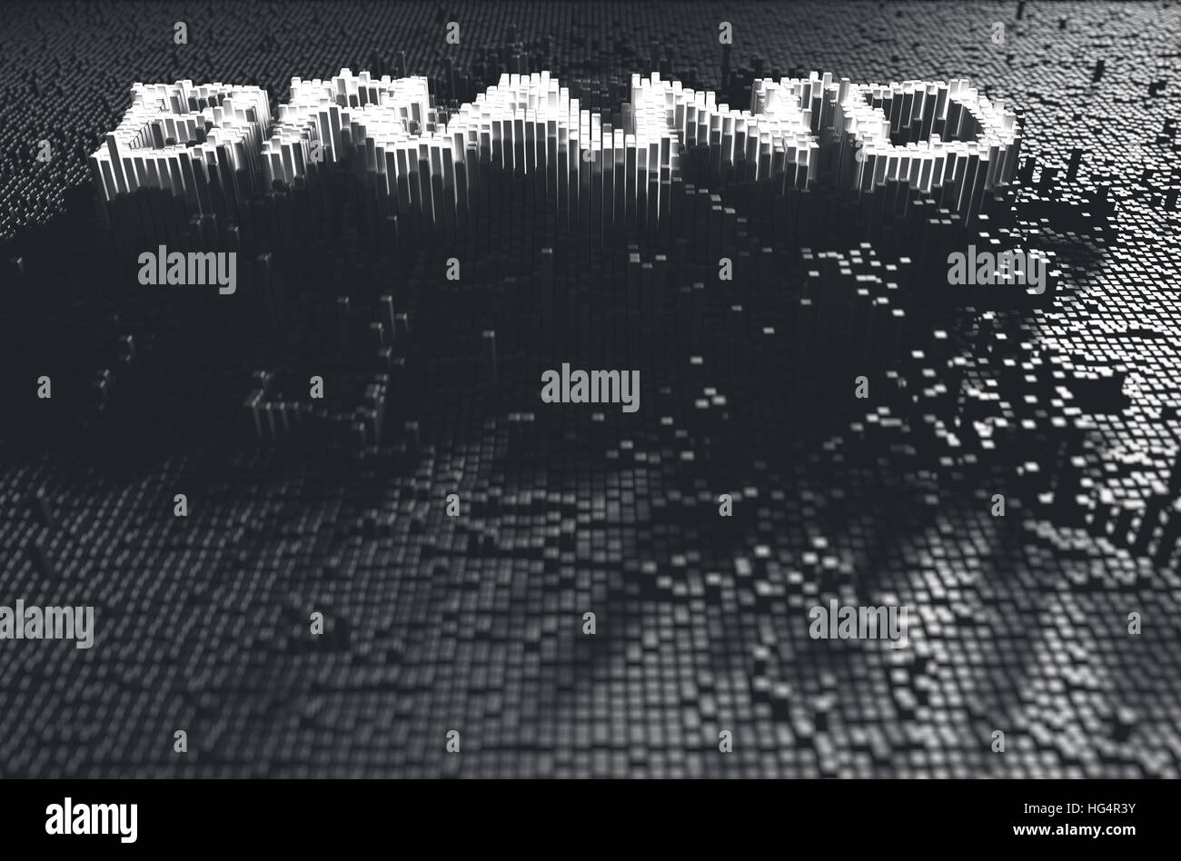 Ein 3D Rendering eines mikroskopischen Closeup-Konzepts der kleine Würfel in einem zufälligen Layout, die Form aufbauen beleuchtet die Wortmarke Stockfoto