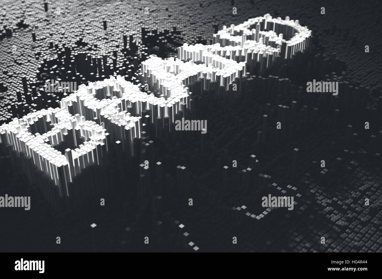 Ein 3D Rendering eines mikroskopischen Closeup-Konzepts der kleine Würfel in einem zufälligen Layout, die Form aufbauen beleuchtet die Wortmarke Stockfoto