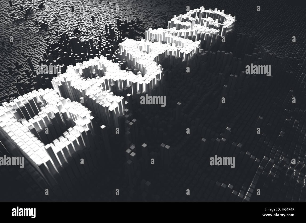 Ein 3D Rendering eines mikroskopischen Closeup-Konzepts der kleine Würfel in einem zufälligen Layout, die Form aufbauen beleuchtet die Wortmarke Stockfoto