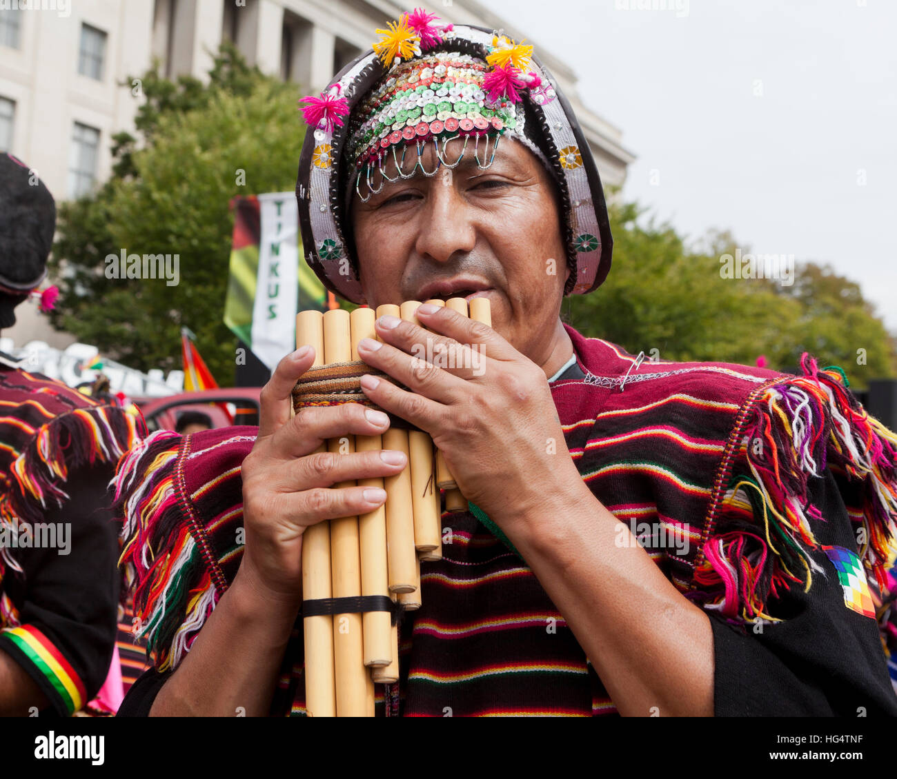 Bolivianische Pfanne Flötenspieler auf Latino Festival - Washington, DC USA Stockfoto