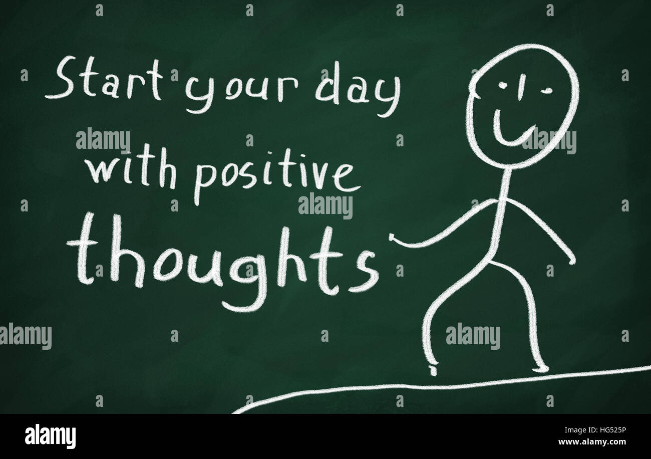 Auf die Tafel zeichnen Charakter und schreiben beginnen Sie Ihren Tag mit positiven Gedanken Stockfoto