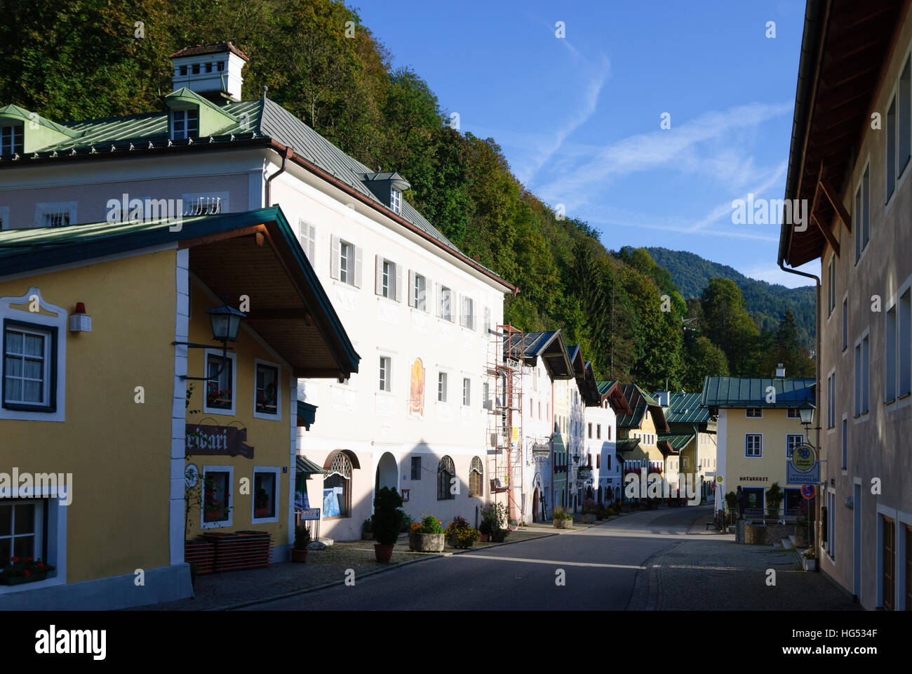 Berchtesgaden: Historische Häuser in der Nonntal, Oberbayern, Berchtesgadener Land, Oberbayern, Bayern, Bayern, Deutschland Stockfoto