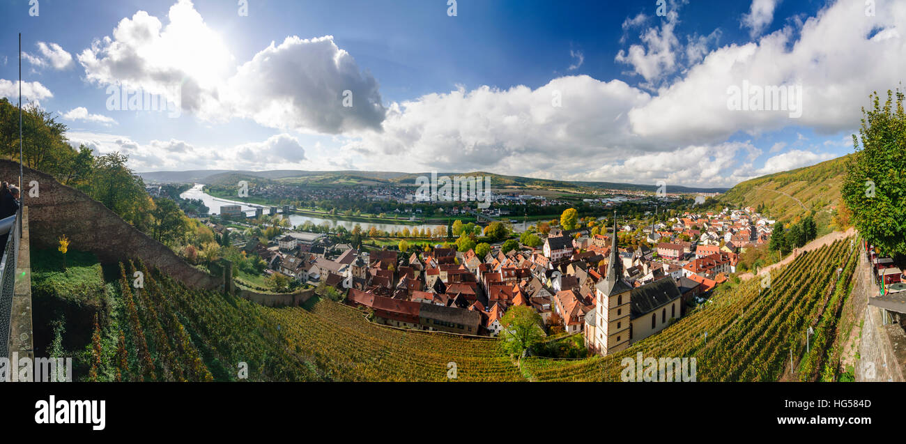 Klingenberg am Main: Blick aus den Trümmern der Clingenburg auf das Schloss, die Altstadt, Weinberge und Fluss Main, Unterfranken, Franken, Bayern zu senken Stockfoto