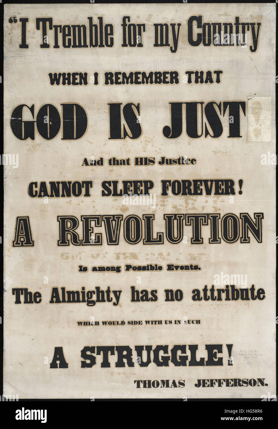 Anti-Sklaverei Breitseiten - Circa 1850 - Zittern ich für mein Land, wenn ich daran denke, dass Gott gerecht ist und dass seine Gerechtigkeit nicht ewig schlafen! Stockfoto
