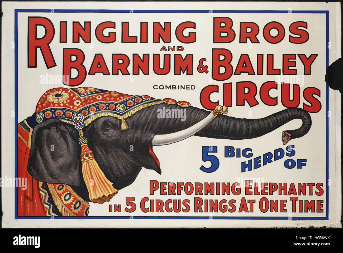 Zirkus-Poster - Ringling Bros und & Bailey kombiniert Zirkus Barnum   5 große Herden von Elefanten in 5 Zirkus Ringe gleichzeitig ausführen Stockfoto