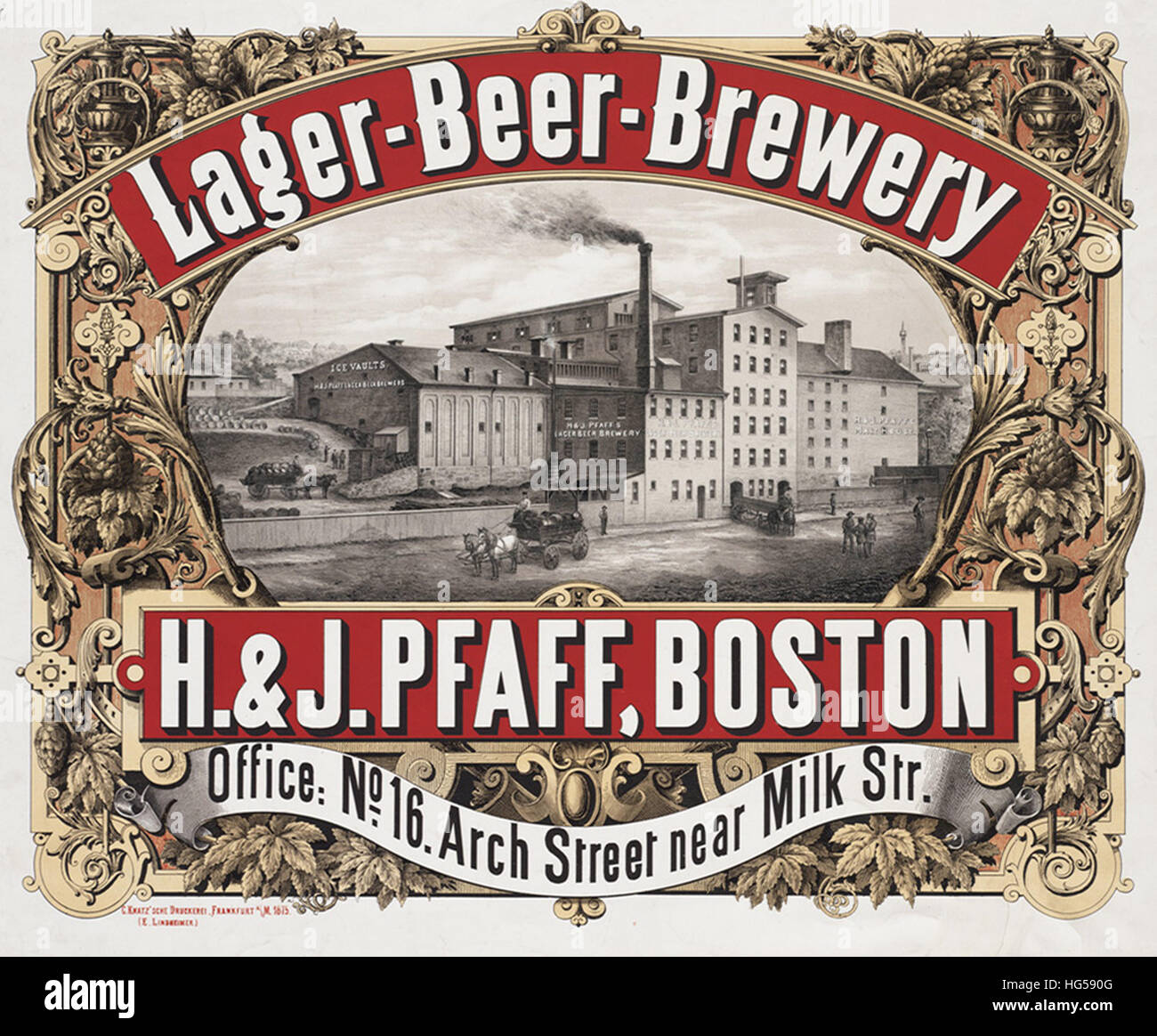 Boston Brauerei Poster - Lager-Bier-Brauerei, H. & J. Pfaff, Boston Stockfoto