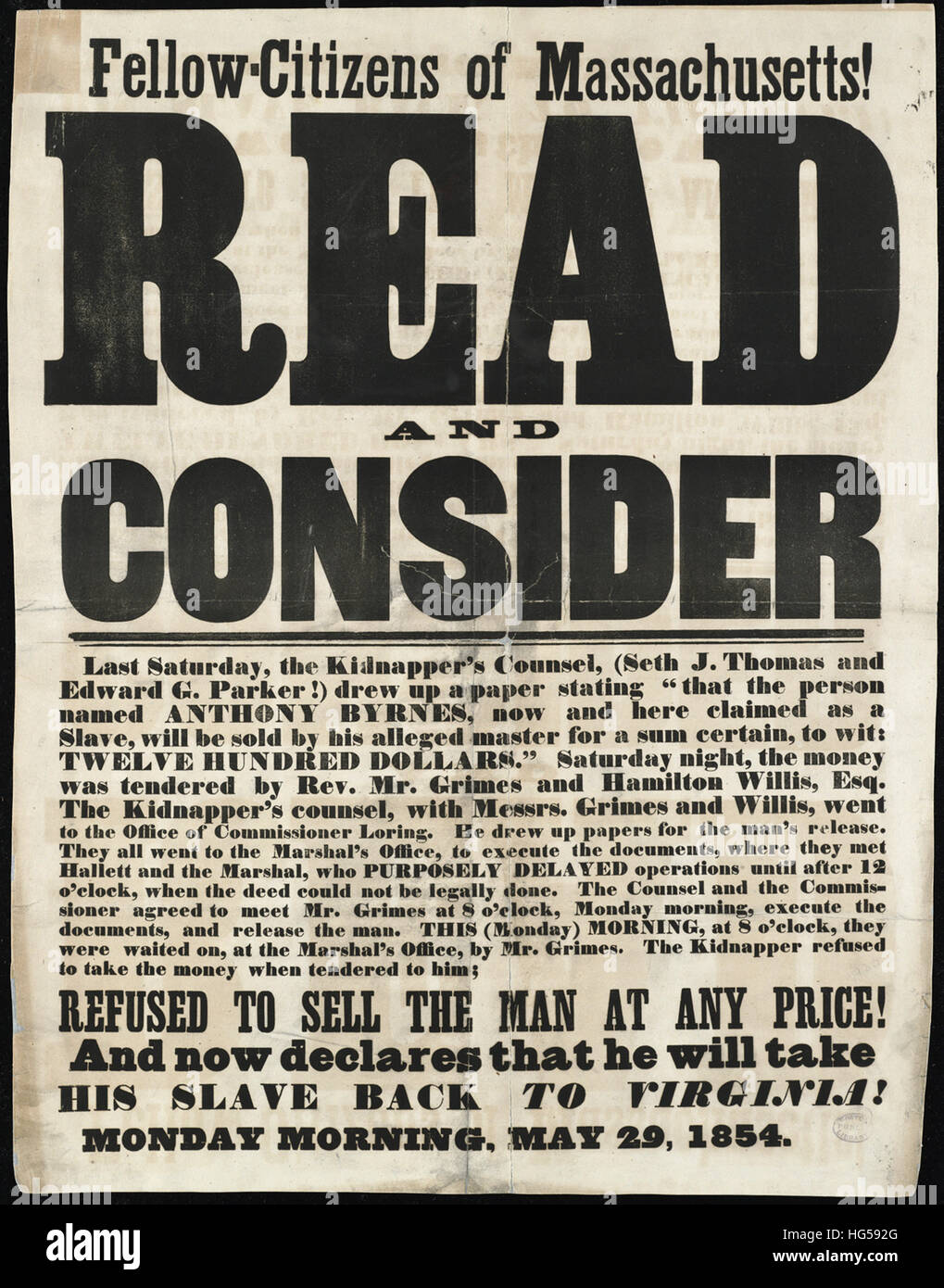 Anti-Sklaverei Breitseiten - Circa 1850 - Fellow Bürger von Massachusetts! Stockfoto