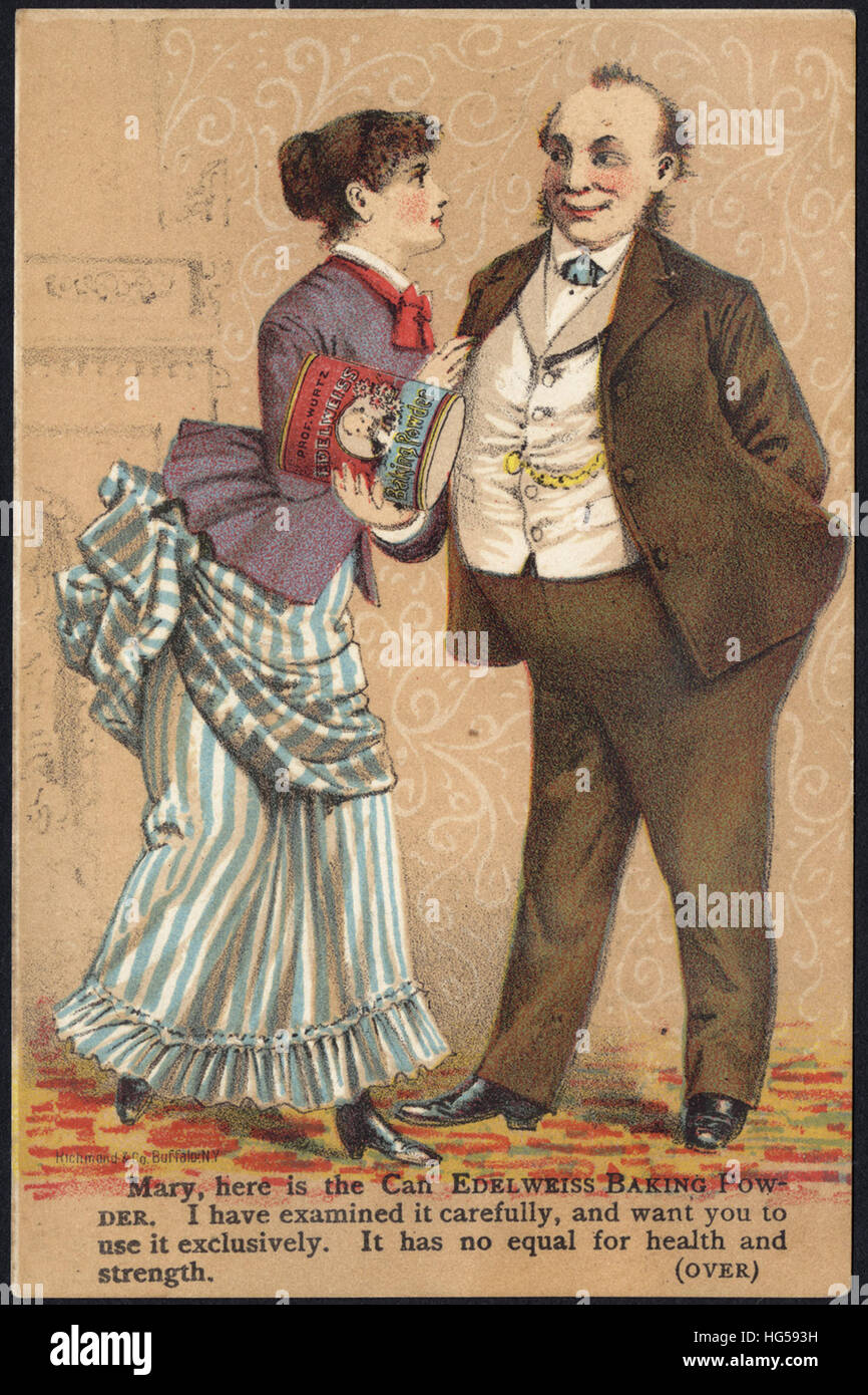 Backen Handel Karte - Mary, ist hier die Dose Edelweiss Backpulver. Ich habe es sorgfältig geprüft und möchten, dass es ausschließlich zu verwenden. Es hat nicht seinesgleichen für Gesundheit und Kraft. Stockfoto
