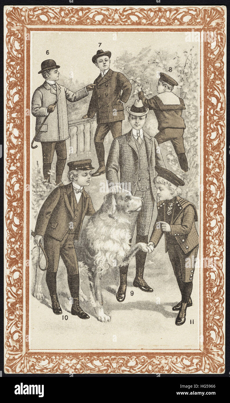 Kleidung Handel Karten - 6. 7. 8. 9. 10. 11. richtig Stile, Herbst und Winter, 1899-1900. Kleidung für Jungen und junge Männer. Stockfoto