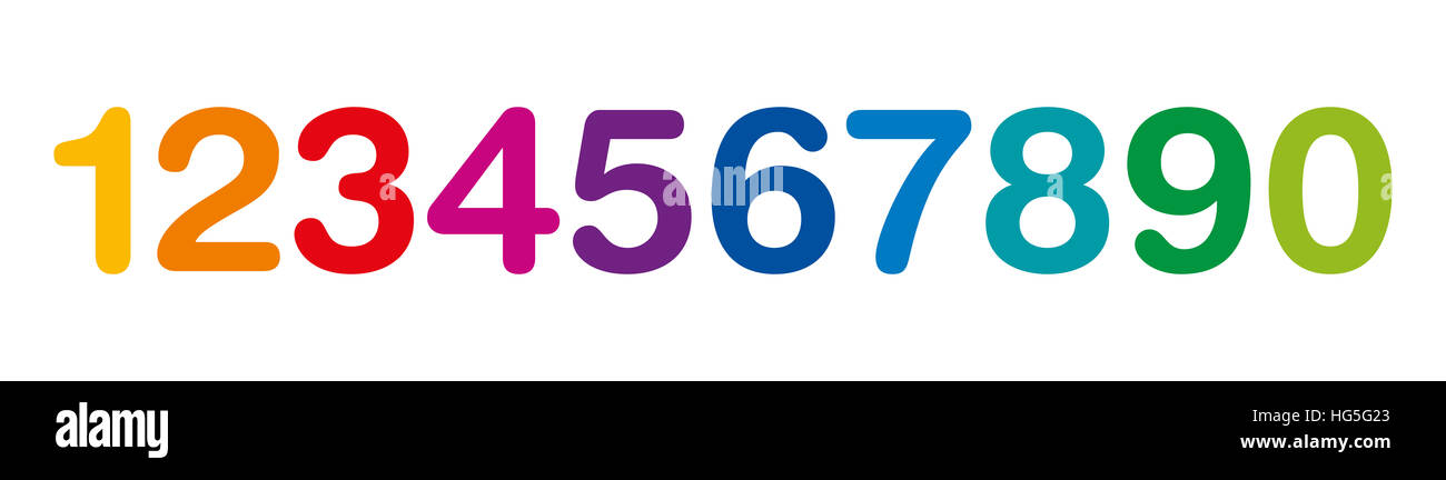 Regenbogenfarbenen Zahlen in einer Reihe. Die zehn Zahlen von eins bis Null. Isolierte Darstellung auf weißem Hintergrund. Stockfoto