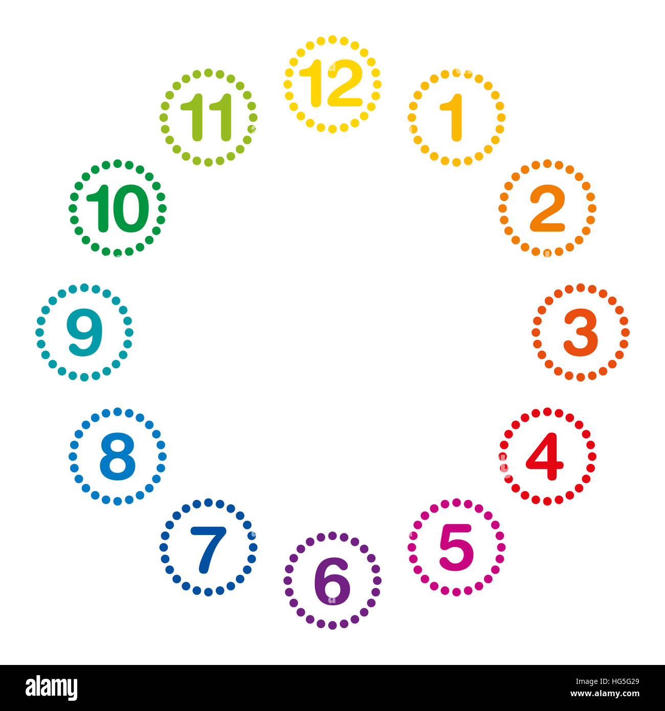Regenbogenfarbenen Zifferblatt mit Ziffern und ein bis zwölf Stunden. Analoge Uhrenindustrie Zifferblatt mit Kreisen von Punkten. Stockfoto