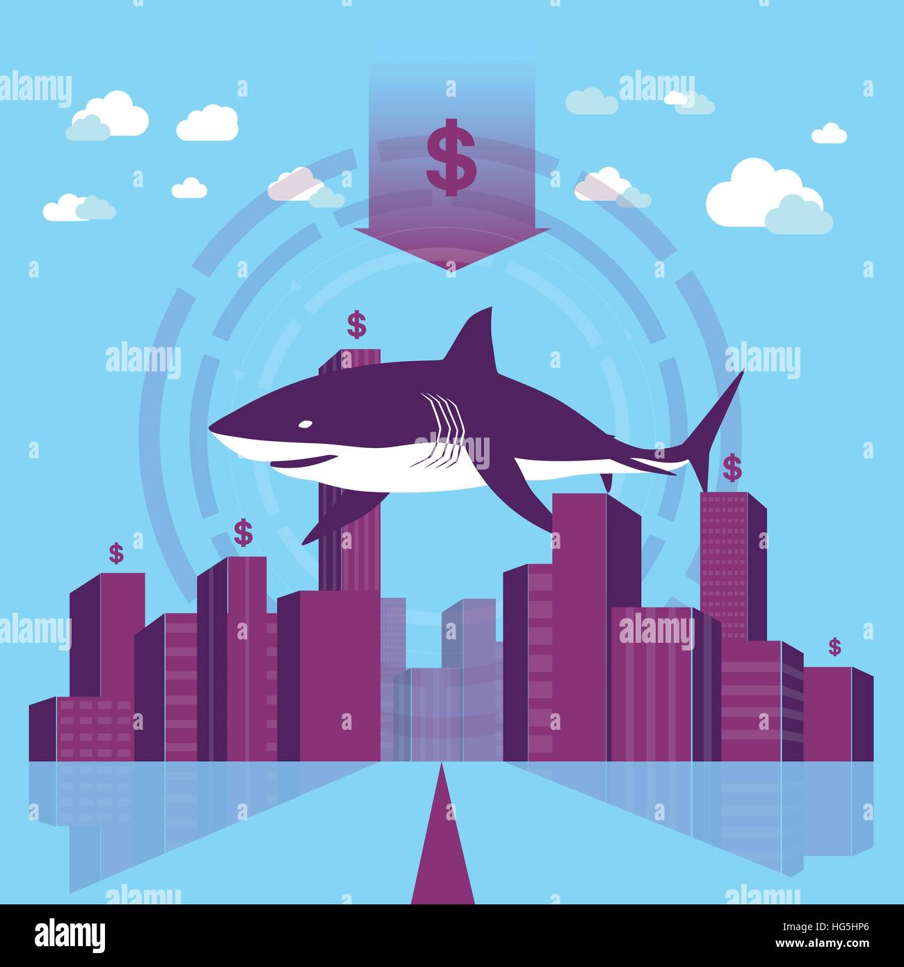 Probleme / Gefahr in der Geschäftswelt - Hai in einem Geschäft Bezirk Hintergrund. Stock Vektor