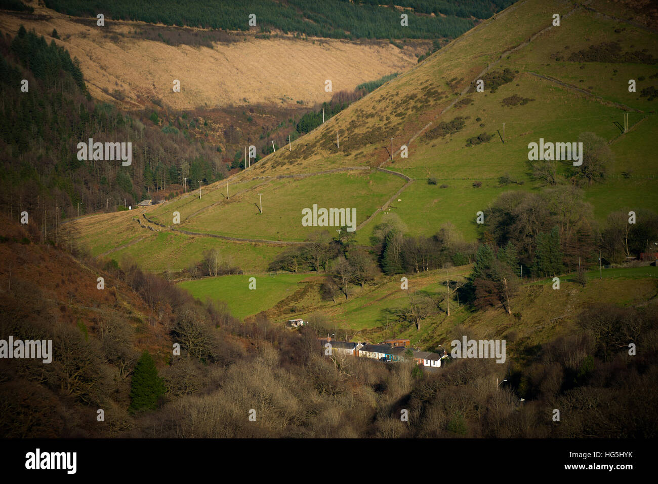 Kleine ehemalige Bergleute Hütten an der Unterseite von einem abgelegenen Südwales-Tal in die Landschaft. Stockfoto