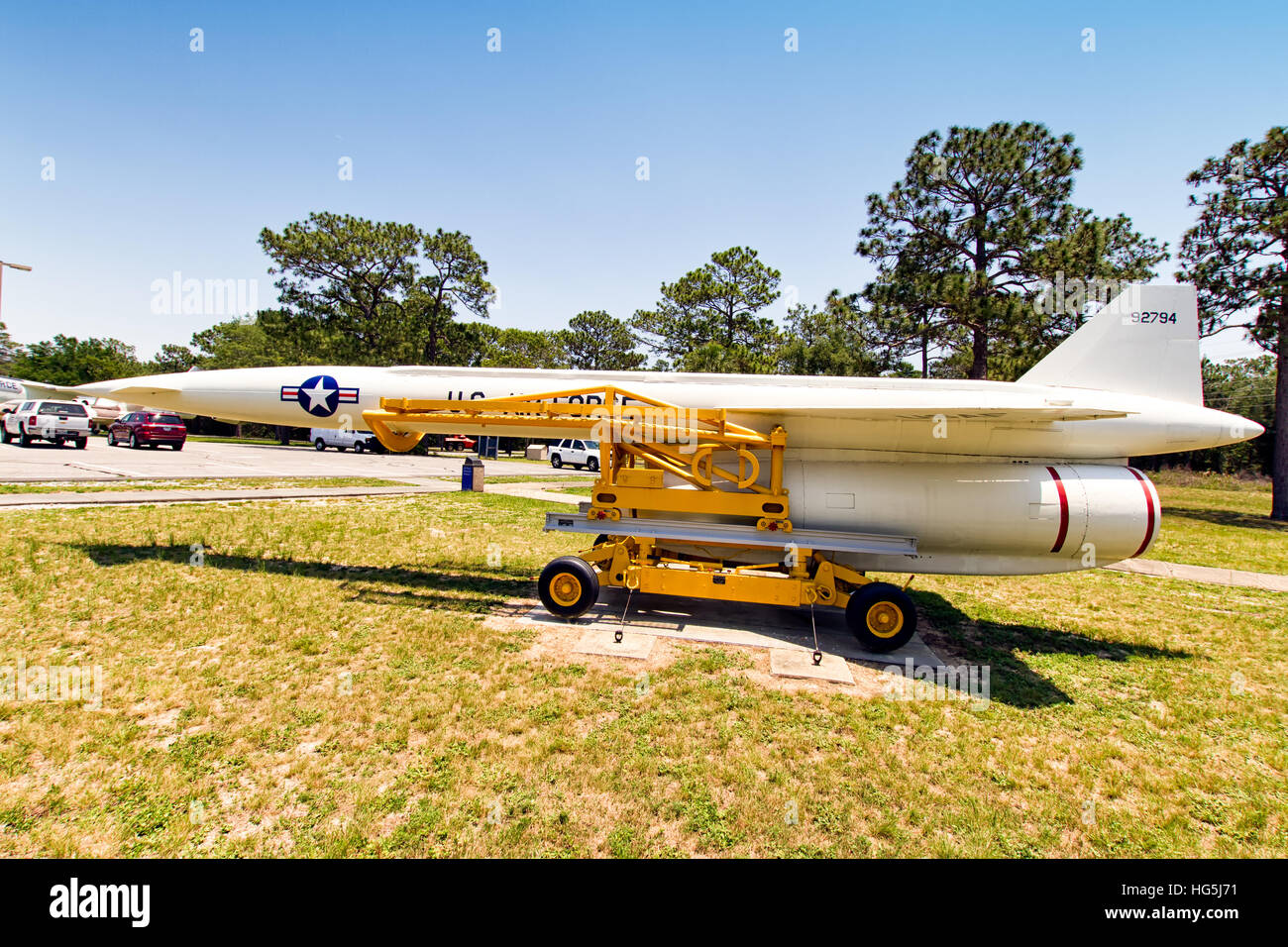 North American GAM-77/AGM-28 Hound Dog luftgestützte Abstandswaffe Rakete, gekennzeichnet als Hound Dog A, 59-2794, erstmals eine Modell-Raketen geliefert Strategic Air Command, und zur 301. Bomb Squadron versetzt, 4135th strategische Flügel an Eglin AFB, Florida. Stockfoto