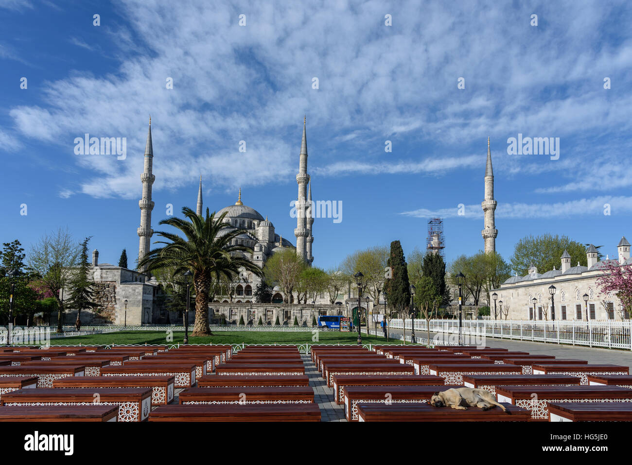 Viele Bänke, wo Reisende und einheimische zwischen der Sultan-Ahmet-Moschee und die Hagia Sophia eine Pause nehmen können. Stockfoto