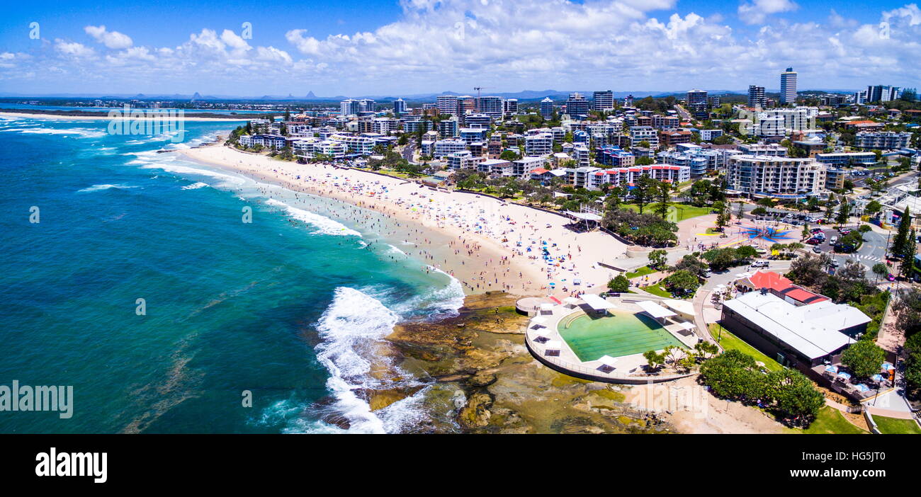 Luftaufnahme des Kings Beach, Caloundra auf der Sunshine Coast von Queensland, Australien. Stockfoto