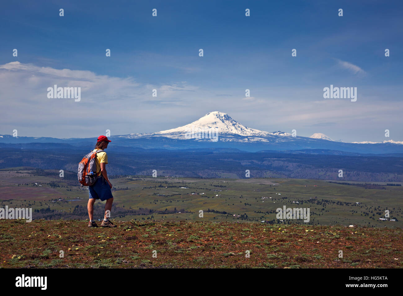 Wanderer mit Blick auf den Goldendale, Mount Adams und Mount Rainier vom Gipfel des Staplers Butte anzuzeigen. Stockfoto