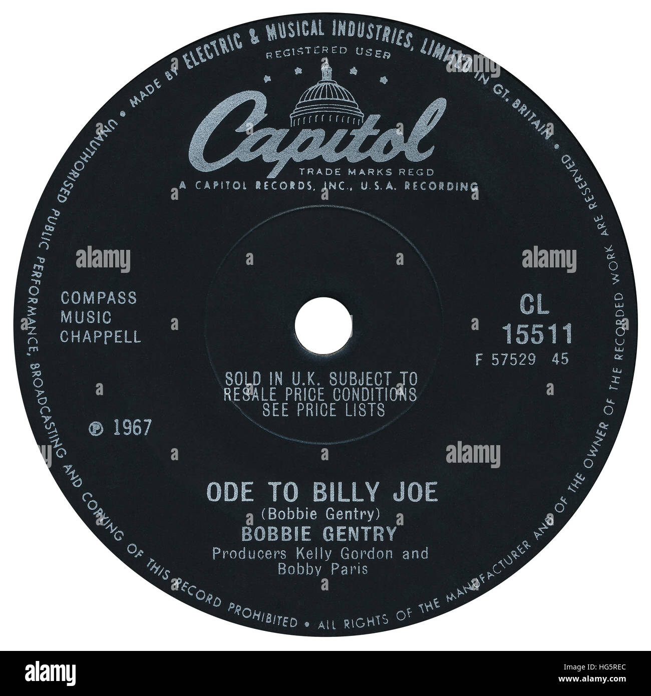 45 u/min 7' UK Plattenlabel von Ode To Billy Joe von Bobbie Gentry auf dem Capitol-Label von 1967 Stockfoto