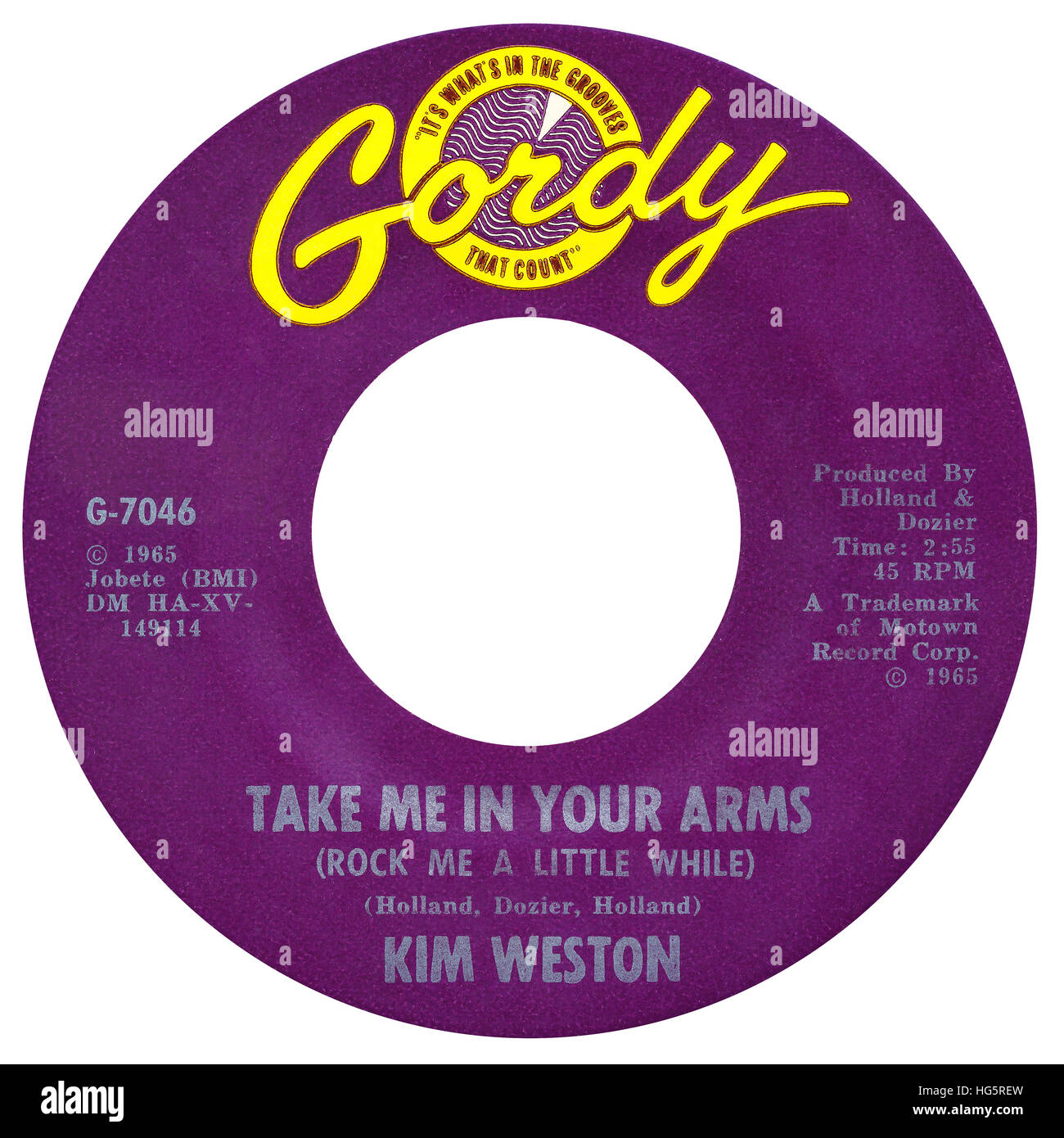 45 u/min 7' uns Plattenfirma von nehmen Me In Your Arms (Rock Me A Little While) von Kim Weston auf dem Etikett Gordy von 1965 Stockfoto