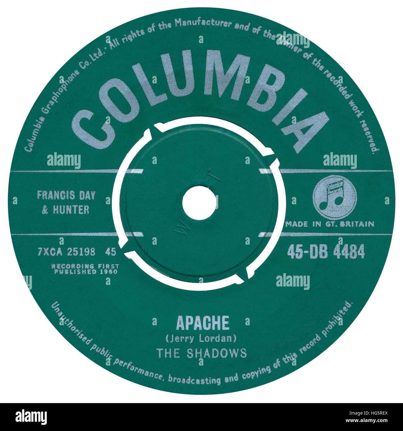 45 u/min 7' UK Plattenlabel von Apache von The Shadows auf dem Columbia-Label von 1960 Stockfoto