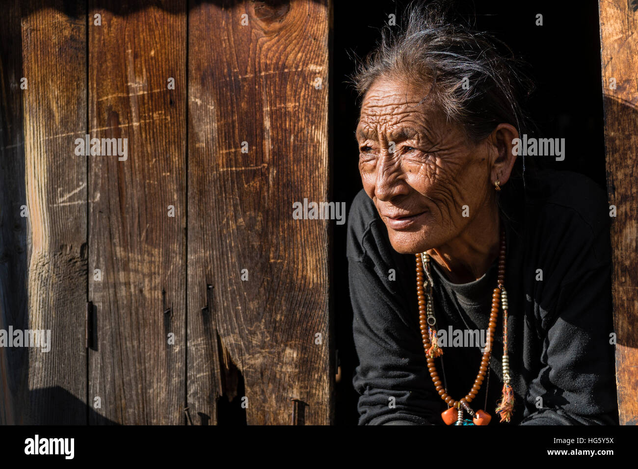 Leitende Bäuerin aus einem Fenster, Ghyaru, Manang, Nepal Stockfoto