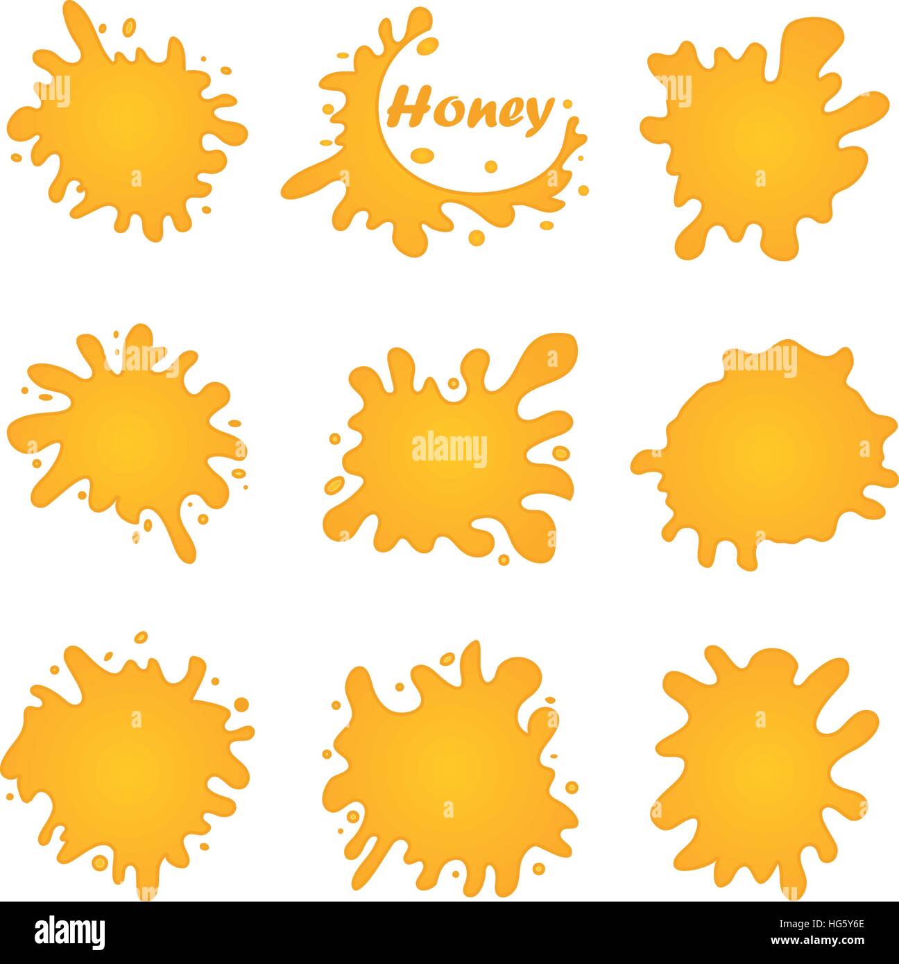 Honig-Splash-Satz von Etiketten. Spritzer und Tropfen Sammlung. Vektor-Illustration. Stock Vektor