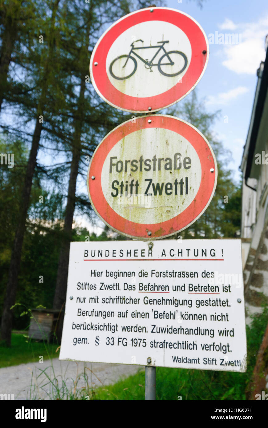 Zwettl: Zwettl Kloster; Hinweisschild für die Armee, Waldviertel, Niederösterreich, Niederösterreich, Österreich Stockfoto