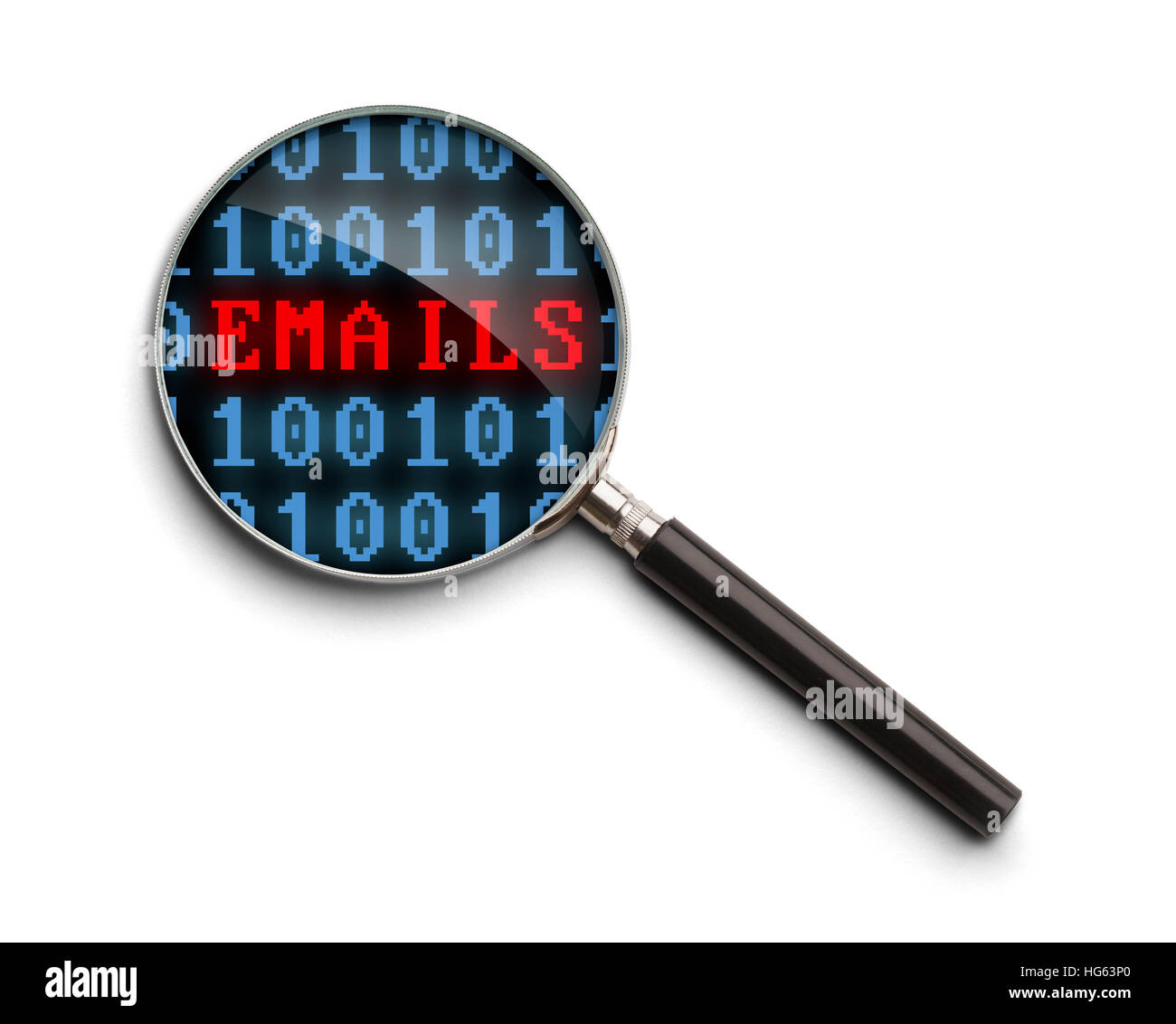 Computer-Code e-Mail-Untersuchung Lupe auf einem weißen Hintergrund isoliert. Stockfoto
