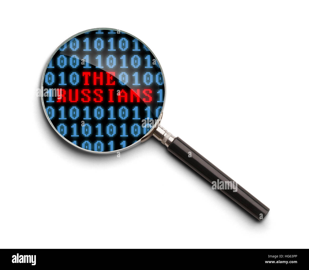 Computer-Code mit der Russen-Lupe auf einem weißen Hintergrund isoliert. Stockfoto