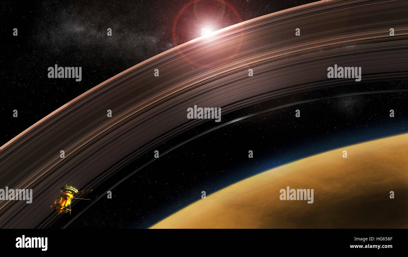 Cassini fliegt hohes Risiko Umlaufbahnen zwischen die Ringe des Saturn und den Planeten selbst. Stockfoto