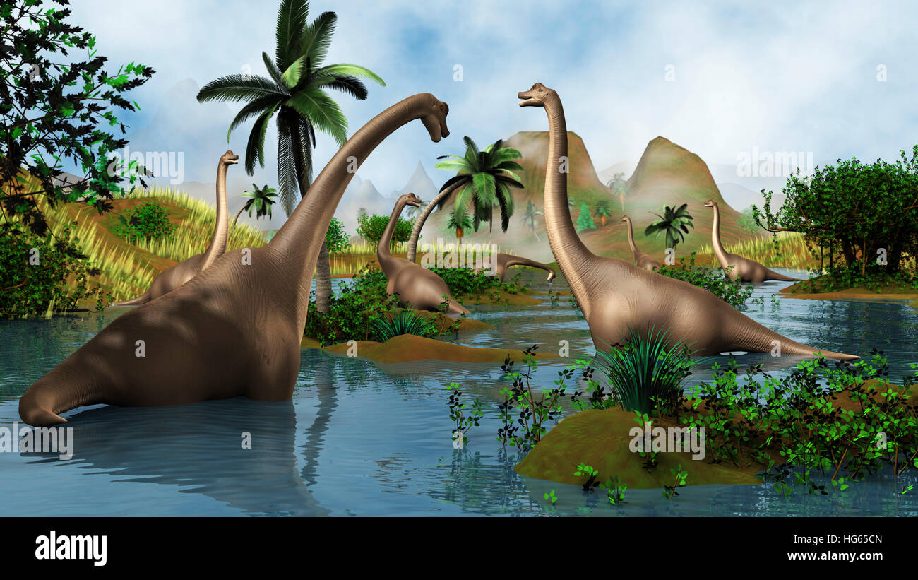 Brachiosaurus Dinosaurier in einer prähistorischen Umgebung Weiden. Stockfoto