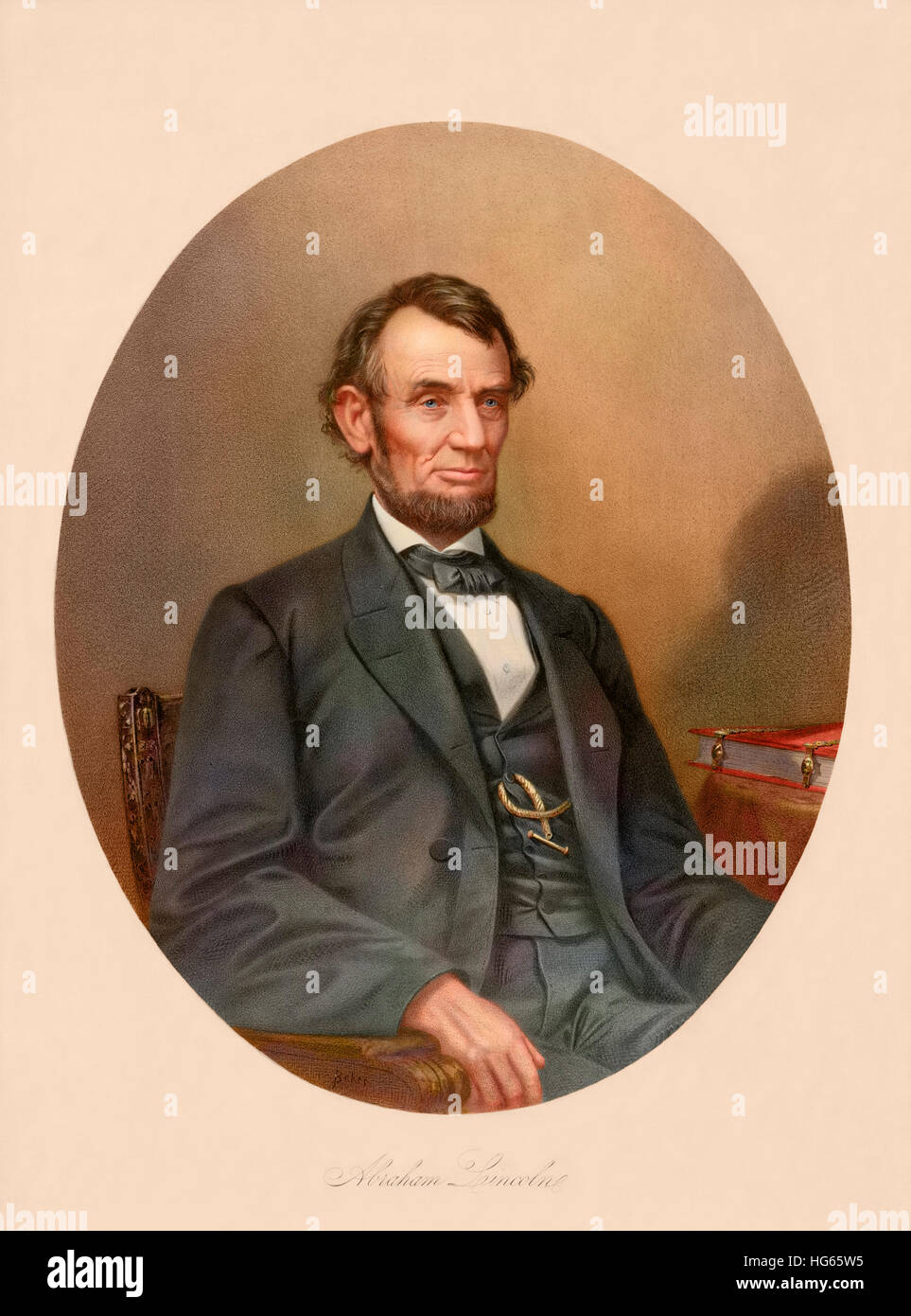 Bürgerkrieg-Artwork von Präsident Abraham Lincoln in einem Sessel sitzend. Stockfoto