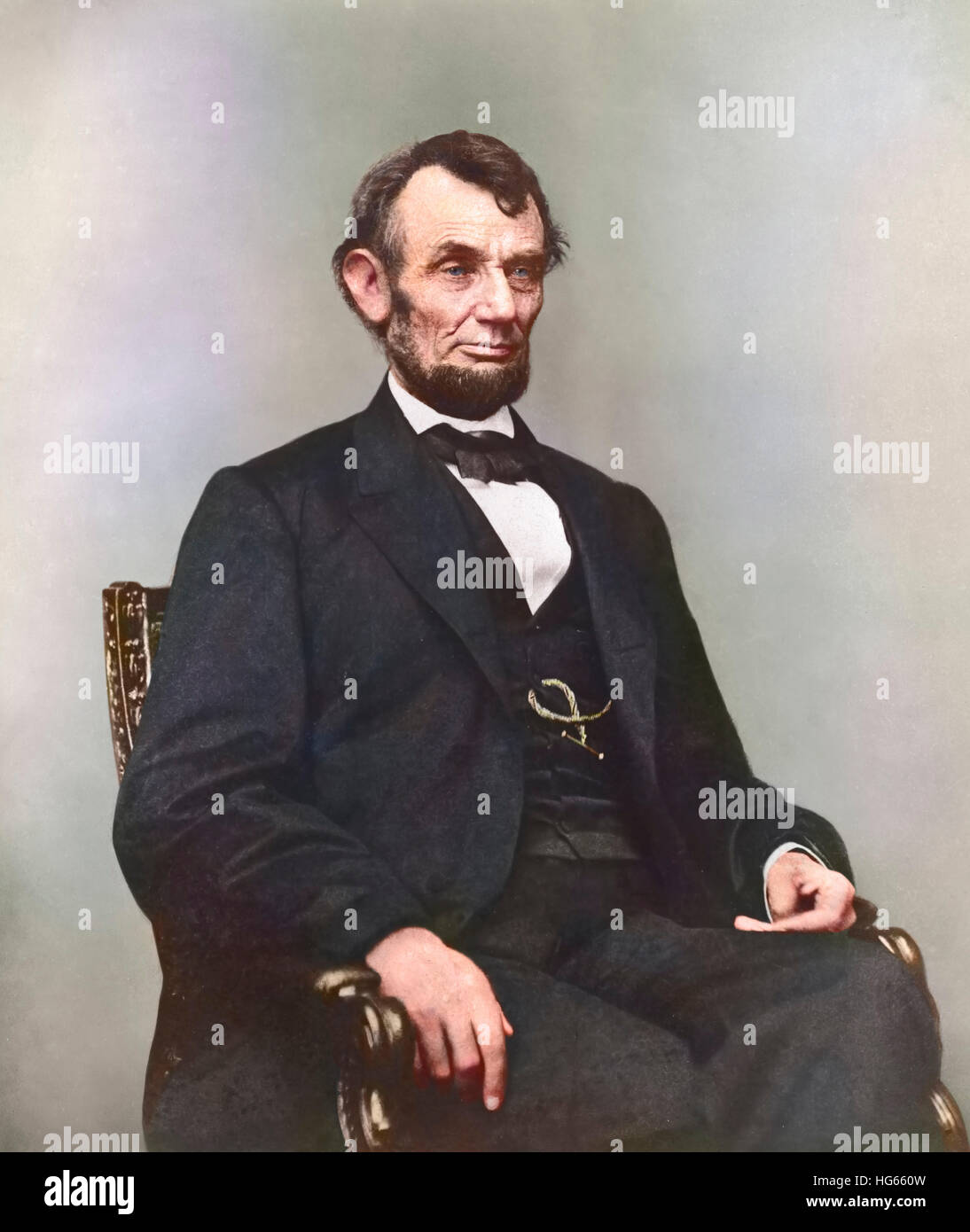 Malerei von Präsident Abraham Lincoln im Stuhl sitzen. Stockfoto