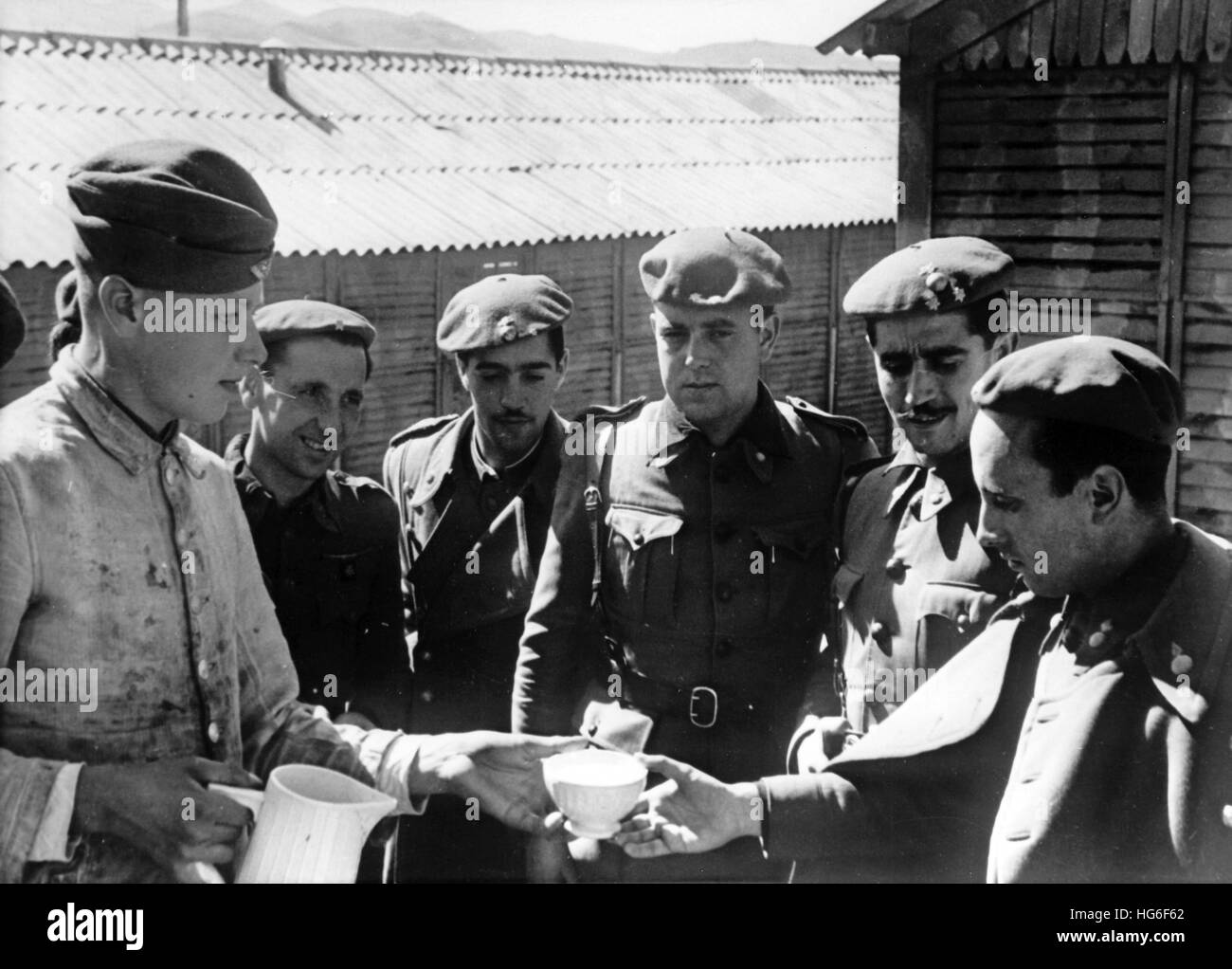 Das Nazi-Propagandafilm zeigt Mitglieder der spanischen Legion, die eine Tasse Kaffee von einem Mitglied des Reichsarbeitsdienstes im besetzten Westen erhalten. Das Foto wurde im Mai 1943 aufgenommen. Fotoarchiv für Zeitgeschichtee - KEIN KABELDIENST - | weltweite Nutzung Stockfoto